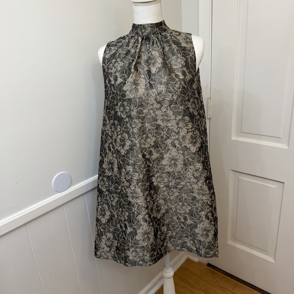 FATE Black Gold Brocade Dress M Mock Neck Sleeveless Bow Cocktail Dinner Party